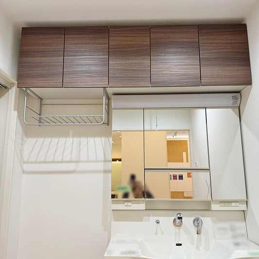 【FHH16】Housetec吊戸棚・ミラーキャビネット付き洗面化粧台/化粧鏡/ハイバックガード/洗面台W1000/展示設置品